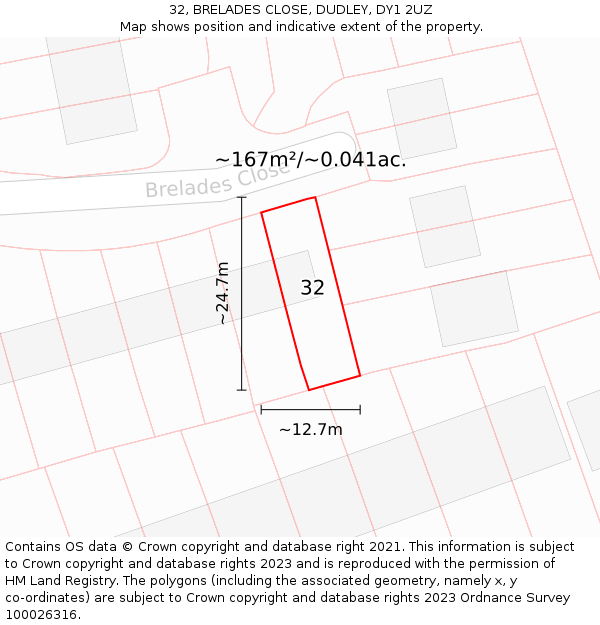 32, BRELADES CLOSE, DUDLEY, DY1 2UZ: Plot and title map