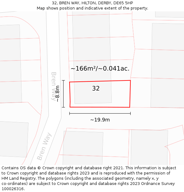 32, BREN WAY, HILTON, DERBY, DE65 5HP: Plot and title map