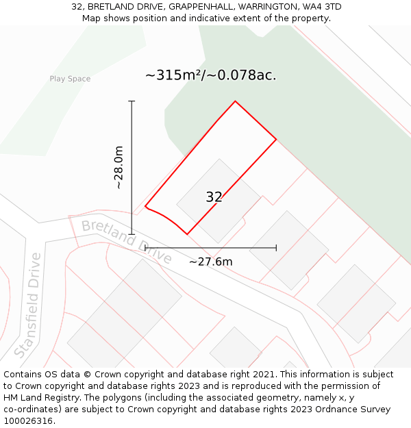 32, BRETLAND DRIVE, GRAPPENHALL, WARRINGTON, WA4 3TD: Plot and title map