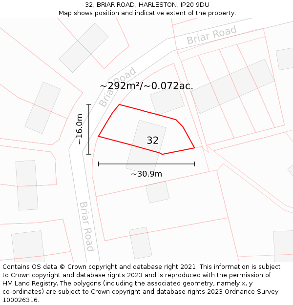 32, BRIAR ROAD, HARLESTON, IP20 9DU: Plot and title map