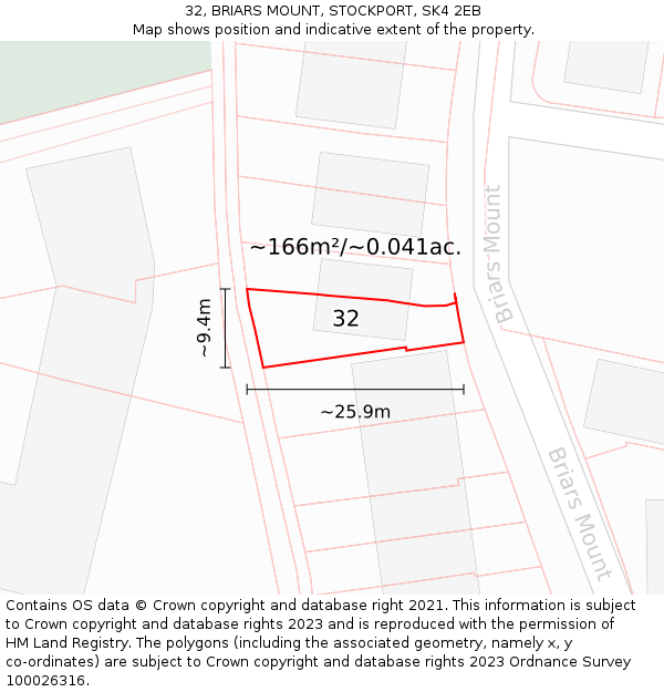 32, BRIARS MOUNT, STOCKPORT, SK4 2EB: Plot and title map