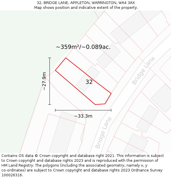 32, BRIDGE LANE, APPLETON, WARRINGTON, WA4 3AX: Plot and title map