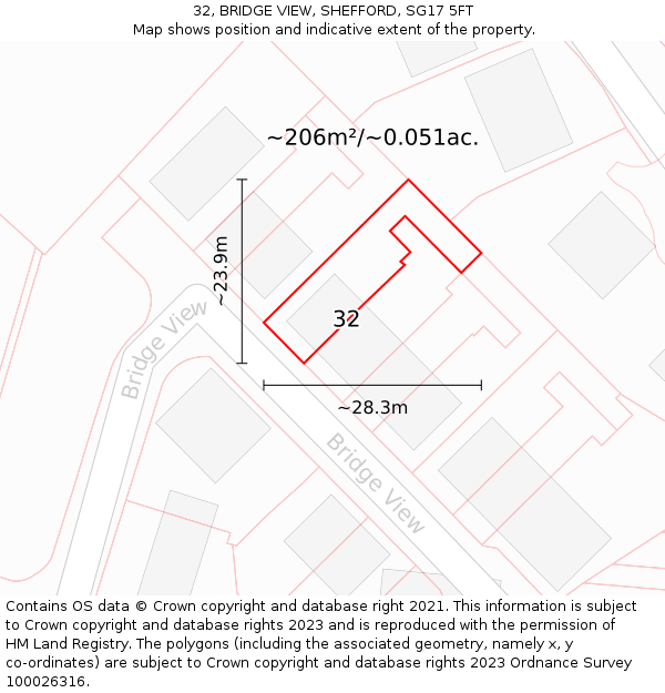 32, BRIDGE VIEW, SHEFFORD, SG17 5FT: Plot and title map