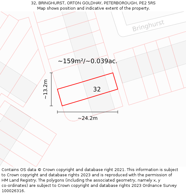 32, BRINGHURST, ORTON GOLDHAY, PETERBOROUGH, PE2 5RS: Plot and title map