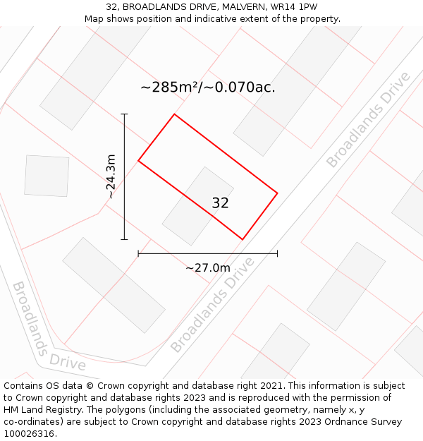 32, BROADLANDS DRIVE, MALVERN, WR14 1PW: Plot and title map