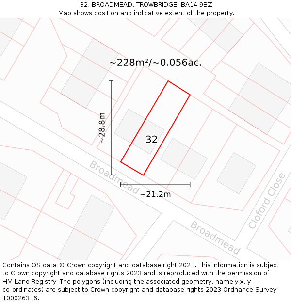 32, BROADMEAD, TROWBRIDGE, BA14 9BZ: Plot and title map