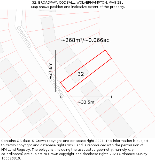 32, BROADWAY, CODSALL, WOLVERHAMPTON, WV8 2EL: Plot and title map
