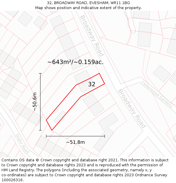 32, BROADWAY ROAD, EVESHAM, WR11 1BG: Plot and title map