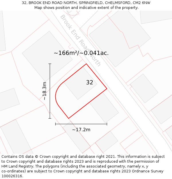 32, BROOK END ROAD NORTH, SPRINGFIELD, CHELMSFORD, CM2 6NW: Plot and title map