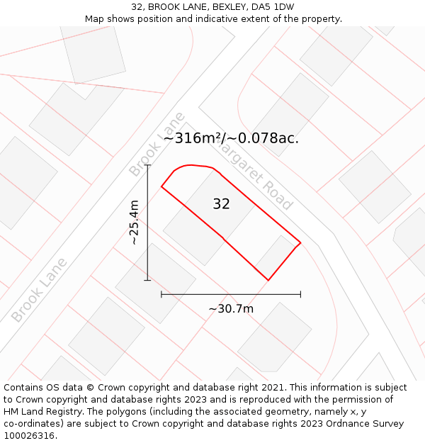 32, BROOK LANE, BEXLEY, DA5 1DW: Plot and title map
