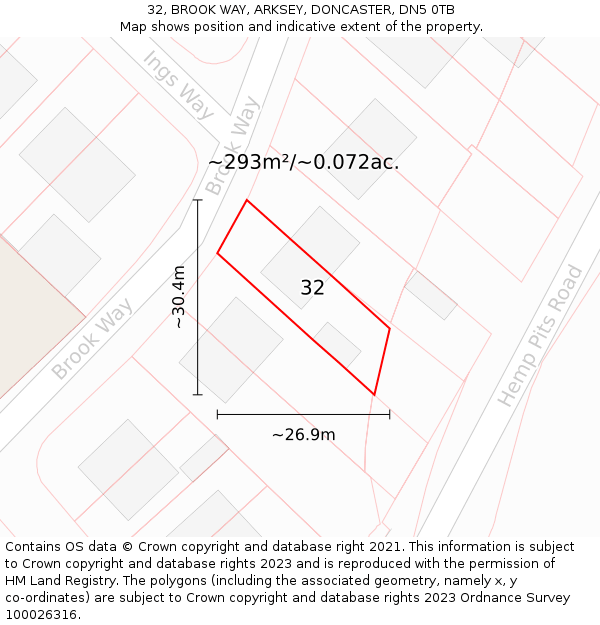 32, BROOK WAY, ARKSEY, DONCASTER, DN5 0TB: Plot and title map