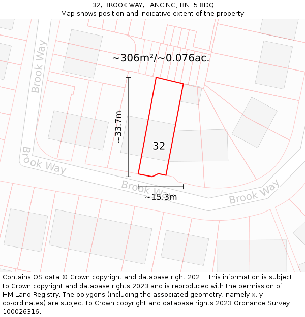 32, BROOK WAY, LANCING, BN15 8DQ: Plot and title map