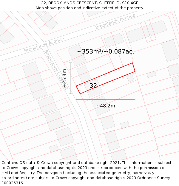 32, BROOKLANDS CRESCENT, SHEFFIELD, S10 4GE: Plot and title map
