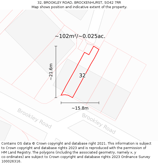 32, BROOKLEY ROAD, BROCKENHURST, SO42 7RR: Plot and title map