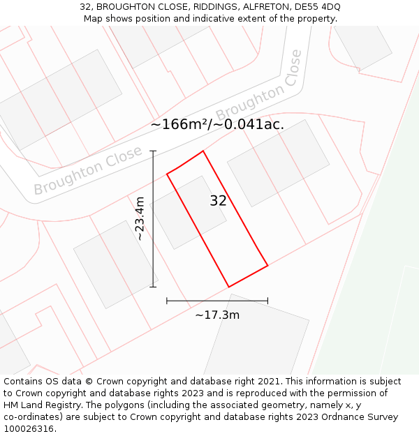 32, BROUGHTON CLOSE, RIDDINGS, ALFRETON, DE55 4DQ: Plot and title map