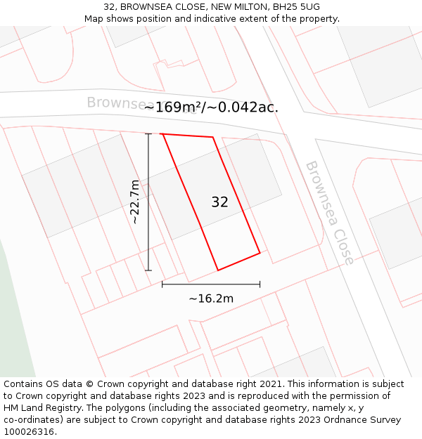 32, BROWNSEA CLOSE, NEW MILTON, BH25 5UG: Plot and title map
