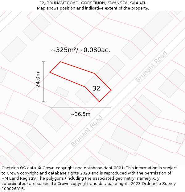 32, BRUNANT ROAD, GORSEINON, SWANSEA, SA4 4FL: Plot and title map