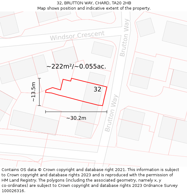 32, BRUTTON WAY, CHARD, TA20 2HB: Plot and title map