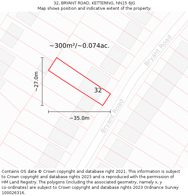 32, BRYANT ROAD, KETTERING, NN15 6JG: Plot and title map