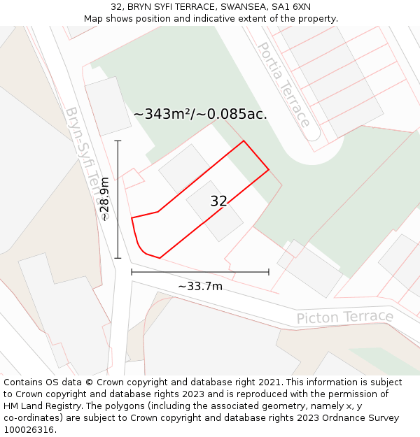 32, BRYN SYFI TERRACE, SWANSEA, SA1 6XN: Plot and title map