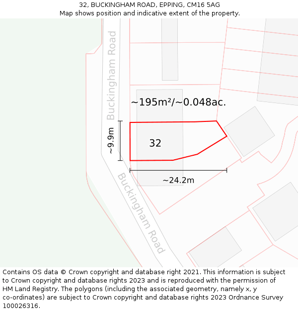 32, BUCKINGHAM ROAD, EPPING, CM16 5AG: Plot and title map