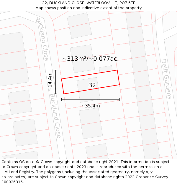 32, BUCKLAND CLOSE, WATERLOOVILLE, PO7 6EE: Plot and title map