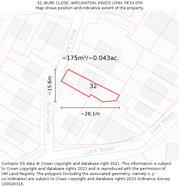 32, BURE CLOSE, WATLINGTON, KING'S LYNN, PE33 0TN: Plot and title map