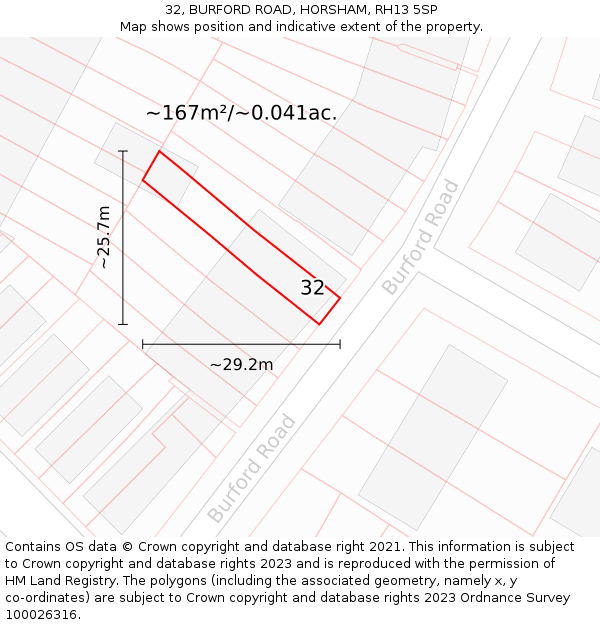 32, BURFORD ROAD, HORSHAM, RH13 5SP: Plot and title map