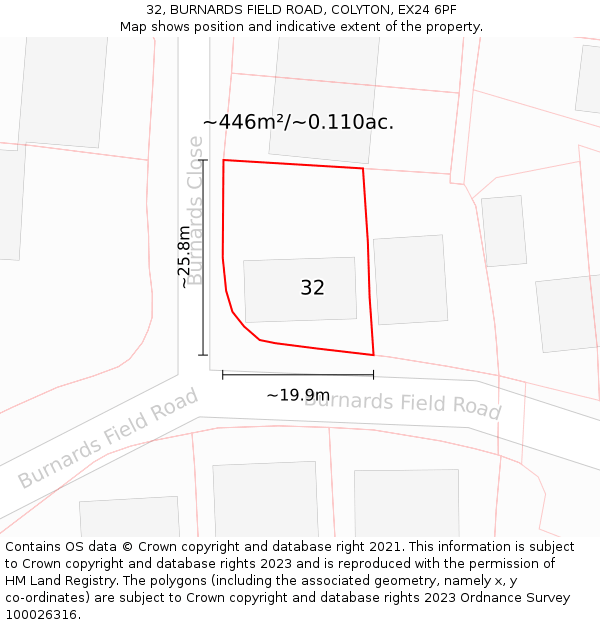 32, BURNARDS FIELD ROAD, COLYTON, EX24 6PF: Plot and title map