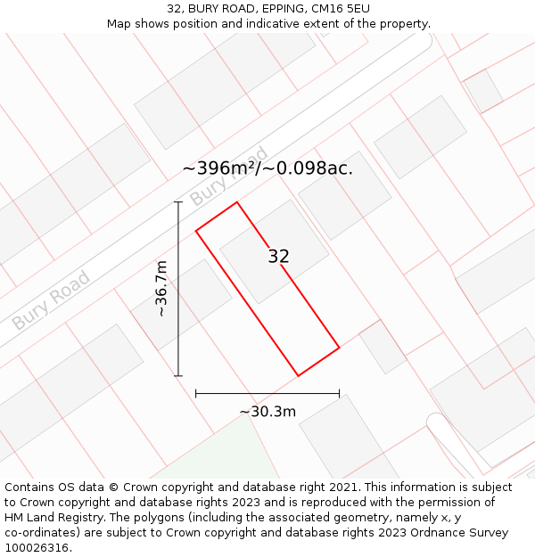 32, BURY ROAD, EPPING, CM16 5EU: Plot and title map