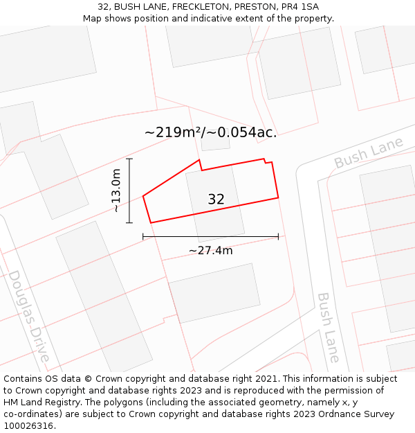 32, BUSH LANE, FRECKLETON, PRESTON, PR4 1SA: Plot and title map