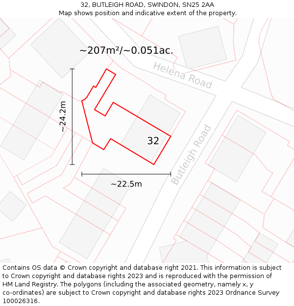 32, BUTLEIGH ROAD, SWINDON, SN25 2AA: Plot and title map
