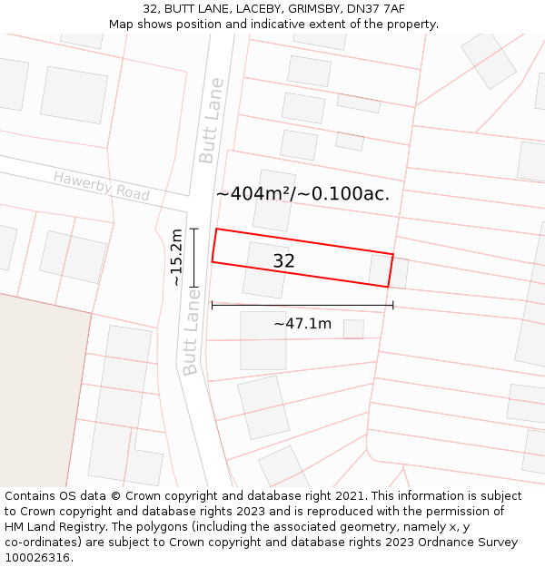 32, BUTT LANE, LACEBY, GRIMSBY, DN37 7AF: Plot and title map