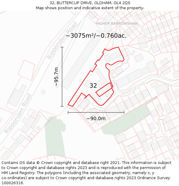32, BUTTERCUP DRIVE, OLDHAM, OL4 2QS: Plot and title map