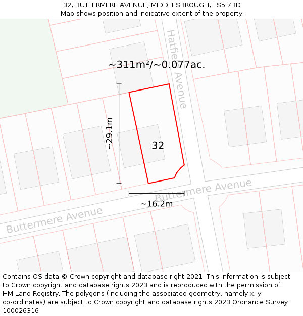 32, BUTTERMERE AVENUE, MIDDLESBROUGH, TS5 7BD: Plot and title map