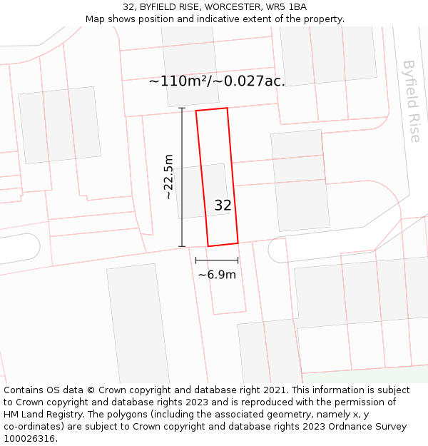 32, BYFIELD RISE, WORCESTER, WR5 1BA: Plot and title map