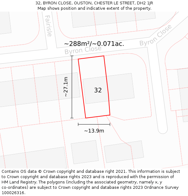 32, BYRON CLOSE, OUSTON, CHESTER LE STREET, DH2 1JR: Plot and title map