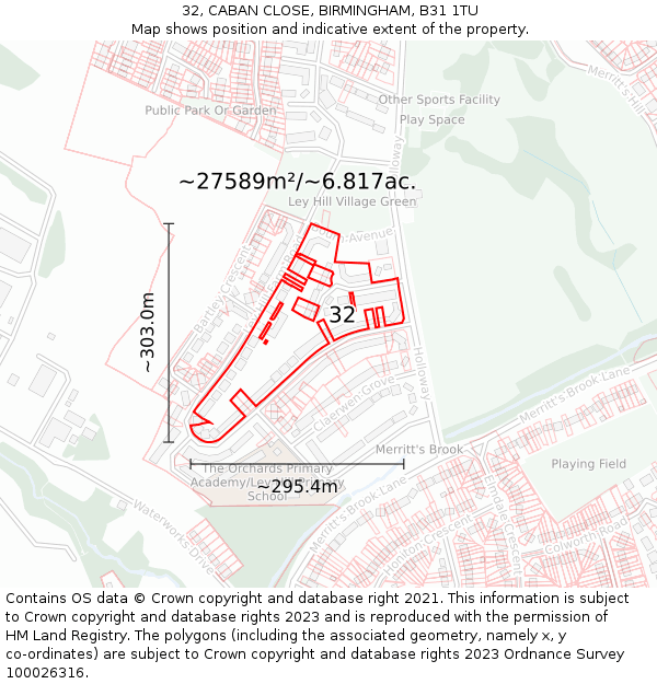 32, CABAN CLOSE, BIRMINGHAM, B31 1TU: Plot and title map