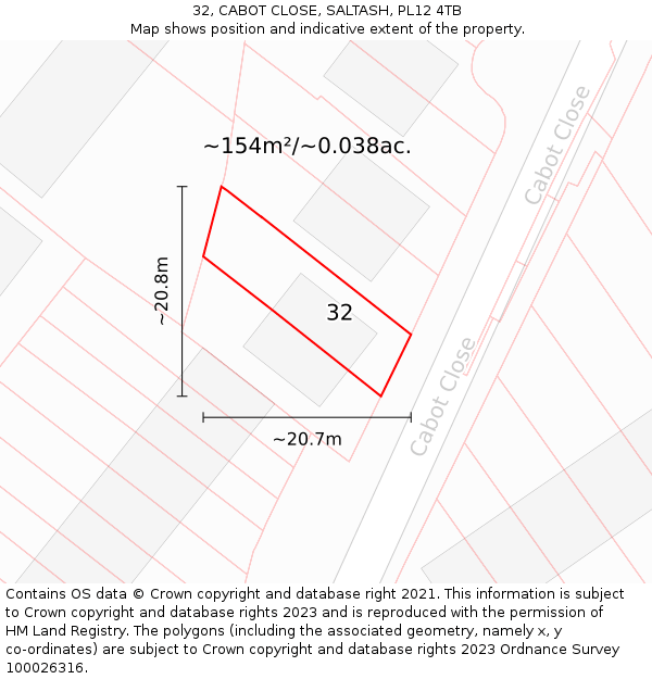 32, CABOT CLOSE, SALTASH, PL12 4TB: Plot and title map