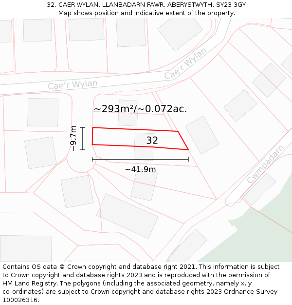 32, CAER WYLAN, LLANBADARN FAWR, ABERYSTWYTH, SY23 3GY: Plot and title map