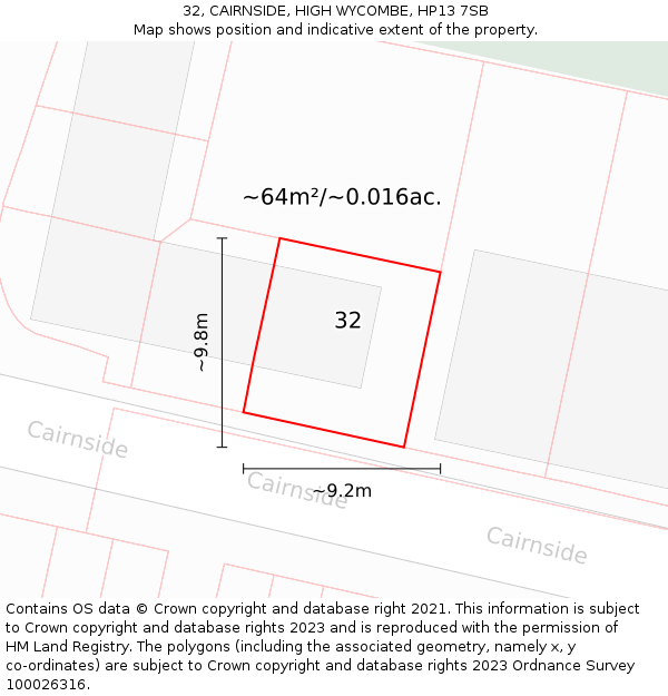 32, CAIRNSIDE, HIGH WYCOMBE, HP13 7SB: Plot and title map