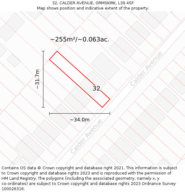 32, CALDER AVENUE, ORMSKIRK, L39 4SF: Plot and title map