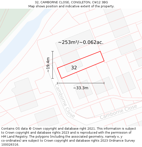 32, CAMBORNE CLOSE, CONGLETON, CW12 3BG: Plot and title map