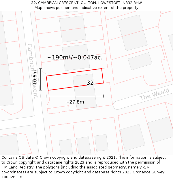 32, CAMBRIAN CRESCENT, OULTON, LOWESTOFT, NR32 3HW: Plot and title map