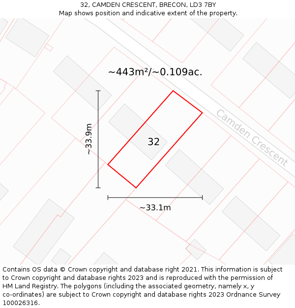 32, CAMDEN CRESCENT, BRECON, LD3 7BY: Plot and title map
