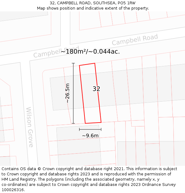 32, CAMPBELL ROAD, SOUTHSEA, PO5 1RW: Plot and title map