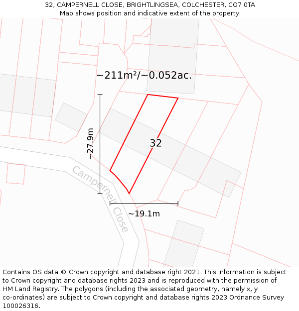 32, CAMPERNELL CLOSE, BRIGHTLINGSEA, COLCHESTER, CO7 0TA: Plot and title map