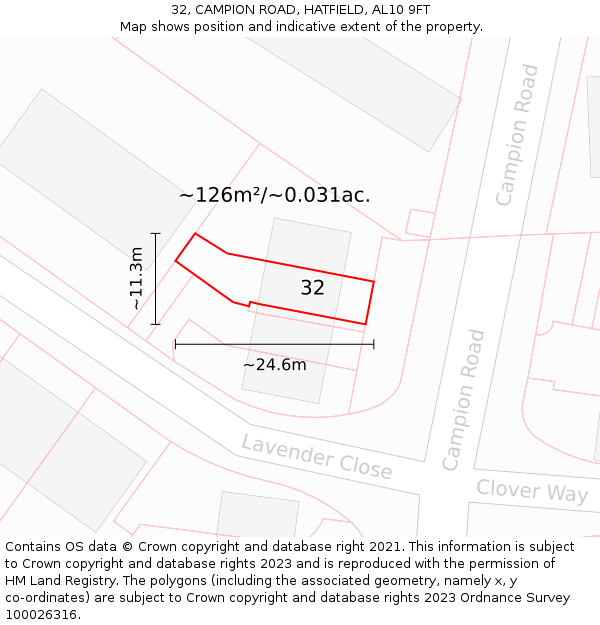 32, CAMPION ROAD, HATFIELD, AL10 9FT: Plot and title map