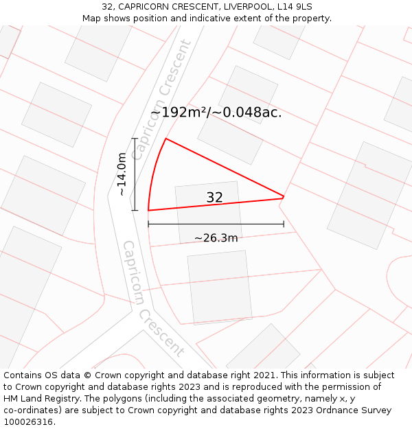 32, CAPRICORN CRESCENT, LIVERPOOL, L14 9LS: Plot and title map