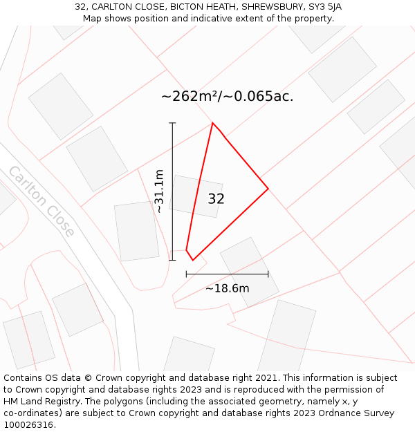 32, CARLTON CLOSE, BICTON HEATH, SHREWSBURY, SY3 5JA: Plot and title map